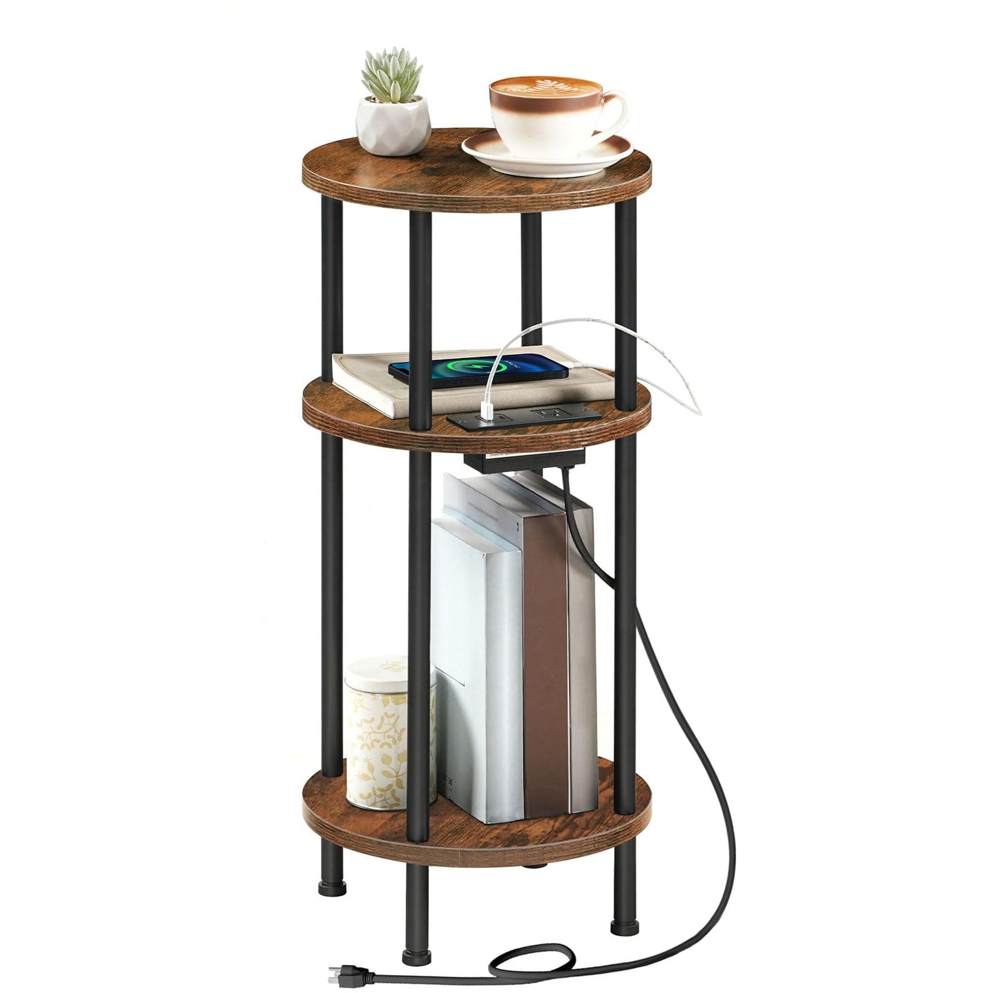 HOOBRO Small Round Side Table, 3-Tier Compact Sofa End Table with Charging Station, Circle Bedside Table Nightstand with Storage, for Small Space, Living Room, Bedroom, Rustic Brown BF219UBZ01