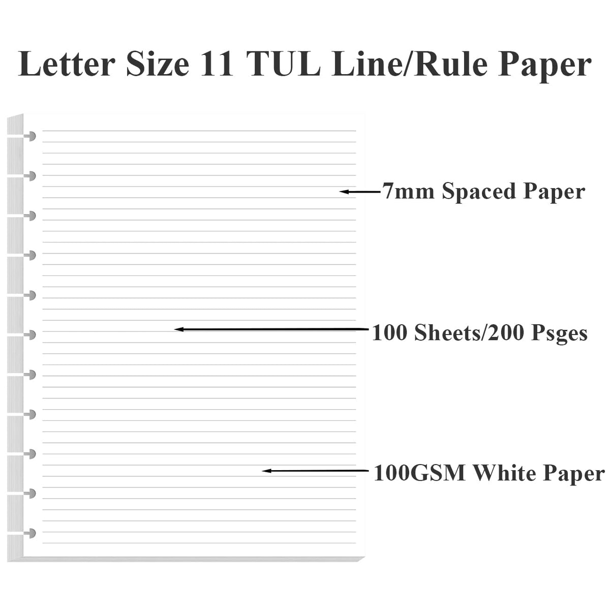 Letter Size Discbound Refill Paper, 11 Disc Paper Refill for Note-Taking System Discbound Planner, 100Sheets / 200Pages Discbound Paper, 100gsm, White, 8.5'' x 11''