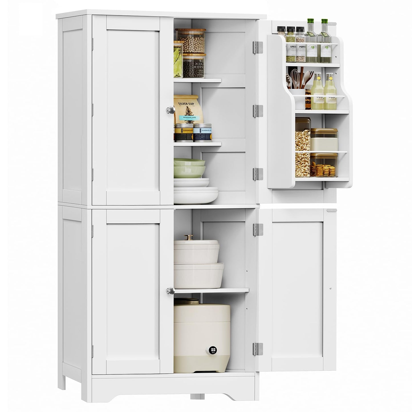 TEENFON 51" H Pantry Cabinet with 4 Doors, Kitchen Cabinet with 6 Door Shelves, Storage Cabinet for Living Room, Dining Room, Bathroom, White