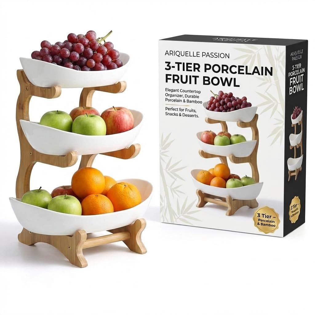 3-tier Porcelain Fruit Bowl With Bamboo Stand – Tiered Serving Tray For Fruits, Snacks & Desserts | Elegant Kitchen Counter Decor & Organizers 3-tier Porcelain Serving Bowls Stand – Elegant White