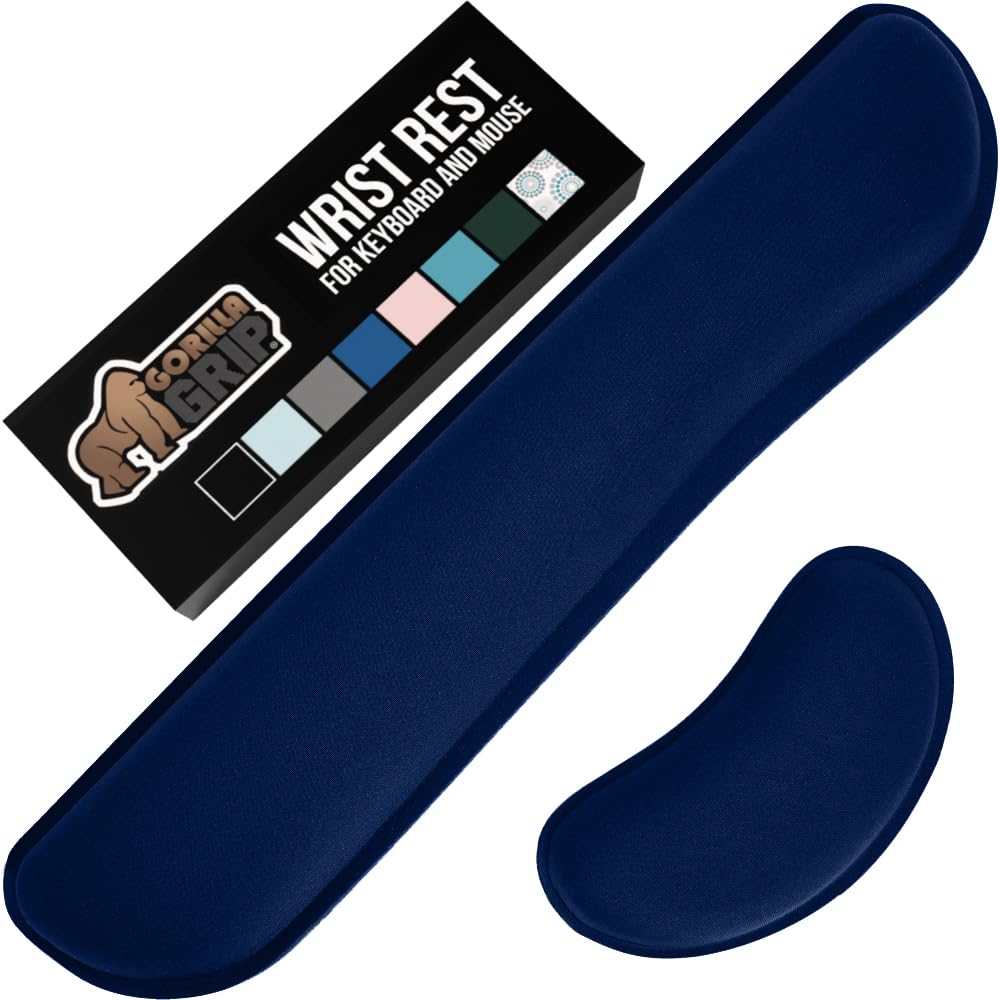 GORILLA GRIP Silky Gel Memory Foam Wrist Rest for Computer Keyboard, Mouse, Ergonomic Design for Typing Pain Relief, Desk Pads Support Hand and Arm, Mousepad Rests, Stain Resistant, 2 Piece Pad, Navy
