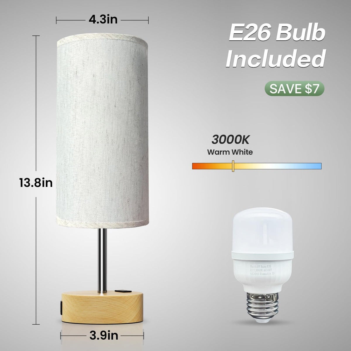 KPQ Small Bedside Lamp Touch Control Table Lamp with USB A+C Charging Ports & AC Outlet 3-Way Dimmable Nightstand Lamp with Linen Fabric Shade for Bedroom Living Room