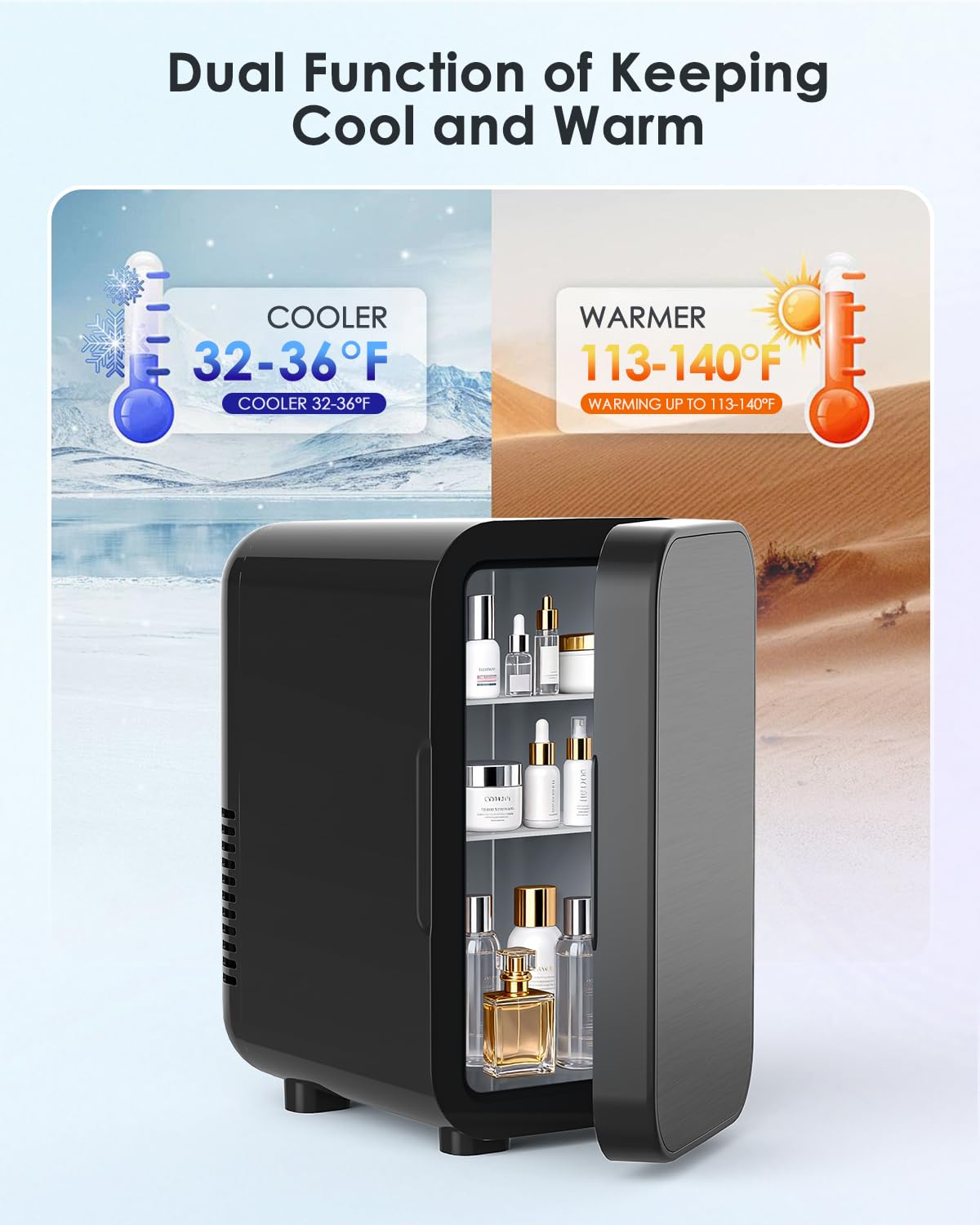 FANSEXPERT Skincare Fridge with Glass Panel, 6L Mini Fridge for Home/Car, AC/DC Portable Thermoelectric Cooler and Warmer, Makeup Mini Compact Refrigerator for Skincare Cosmetics Food Drinks (Black)