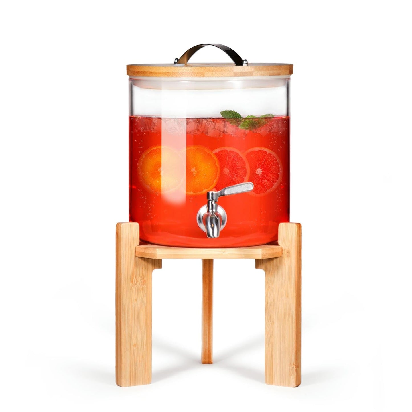 Glass Beverage Dispenser with Bamboo Stand 6.7 In and Lid, Iced 1.5 Gallon Drink Server with Spigot, Large Thick Glass Drink Dispenser for Parties, Hotels, Restaurants, Homes