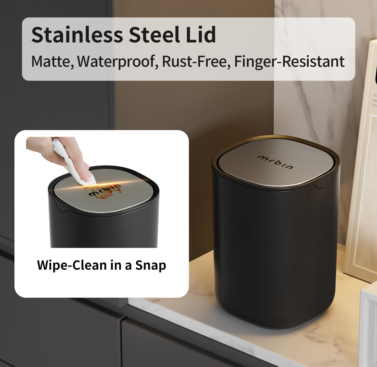 MRBIN Desk Mini Car Trash Can, 0.4 Gallon Table Top Plastic Waste Basket with Stainless Steel Lid, Small Garbage Bin for Bedroom, Coffee Bar, Vanity Countertop, Black