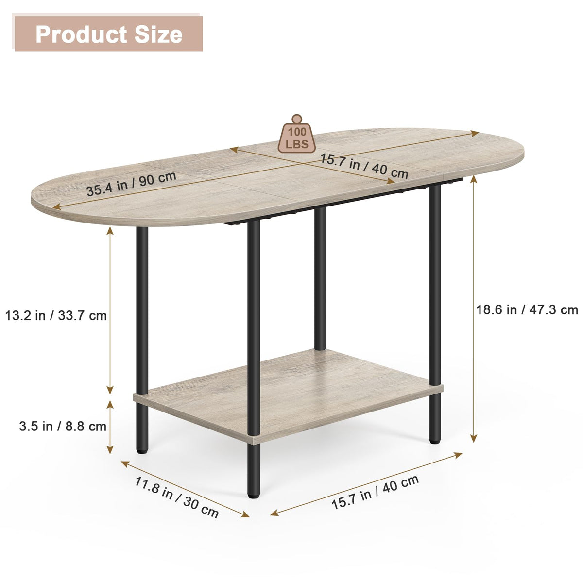 OYEAL Coffee Tables for Living Room 2-Tier Small Oval Table with Storage Shelf Mid Century Round Center Table for Display, Small Space,Home Office, Rustic Grey