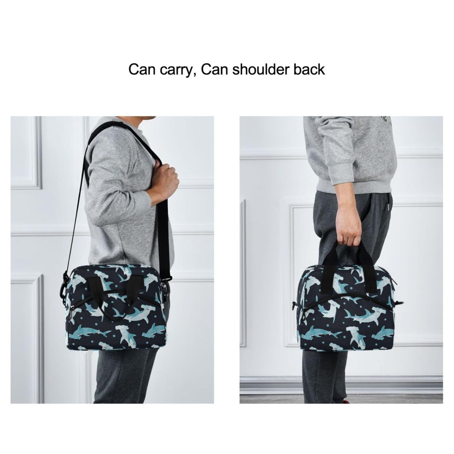 PJGINUIUA Lunch Bag for Women Men Lunchbox Organizer, Hammerhead Shark Leakproof Lunch Cooler Tote with Shoulder Strap for Kids Adult Insulated Thermal Bag for Work School Picnic Beach