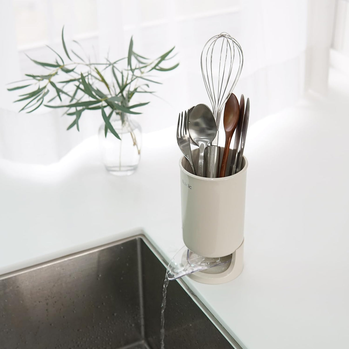 carrotez Utensil Drying Holder for Kitchen Counter, Self Draining, Small Utensil Cutlery Flatware Silverware Holder Drainer Cup, Beige, 1 ea