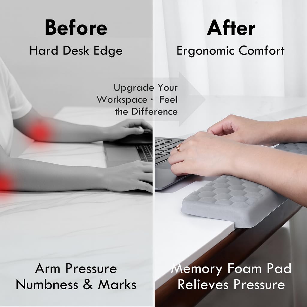 2Pcs L-Shaped Desk Edge Rest Set - Ergonomic Memory Foam Support for Wrist, Forearm & Elbow Comfort - Non-Slip, Grey