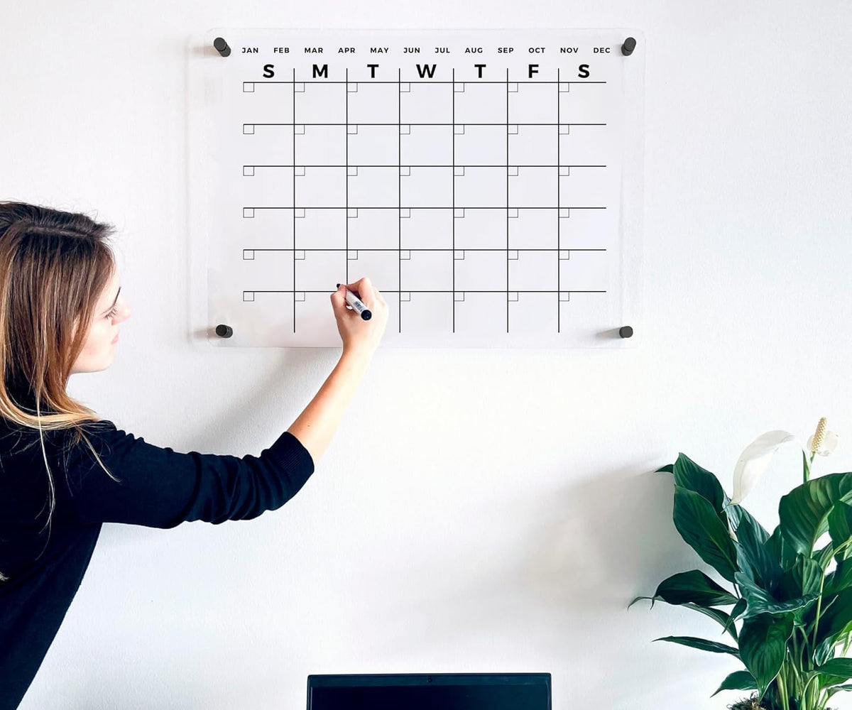 Premium Large Acrylic Wall Calendar - Reusable Board for Office and Home - Dry Erase Board - Large Glass Calendar for Wall (40x28" (XLarge), Black Standoff)