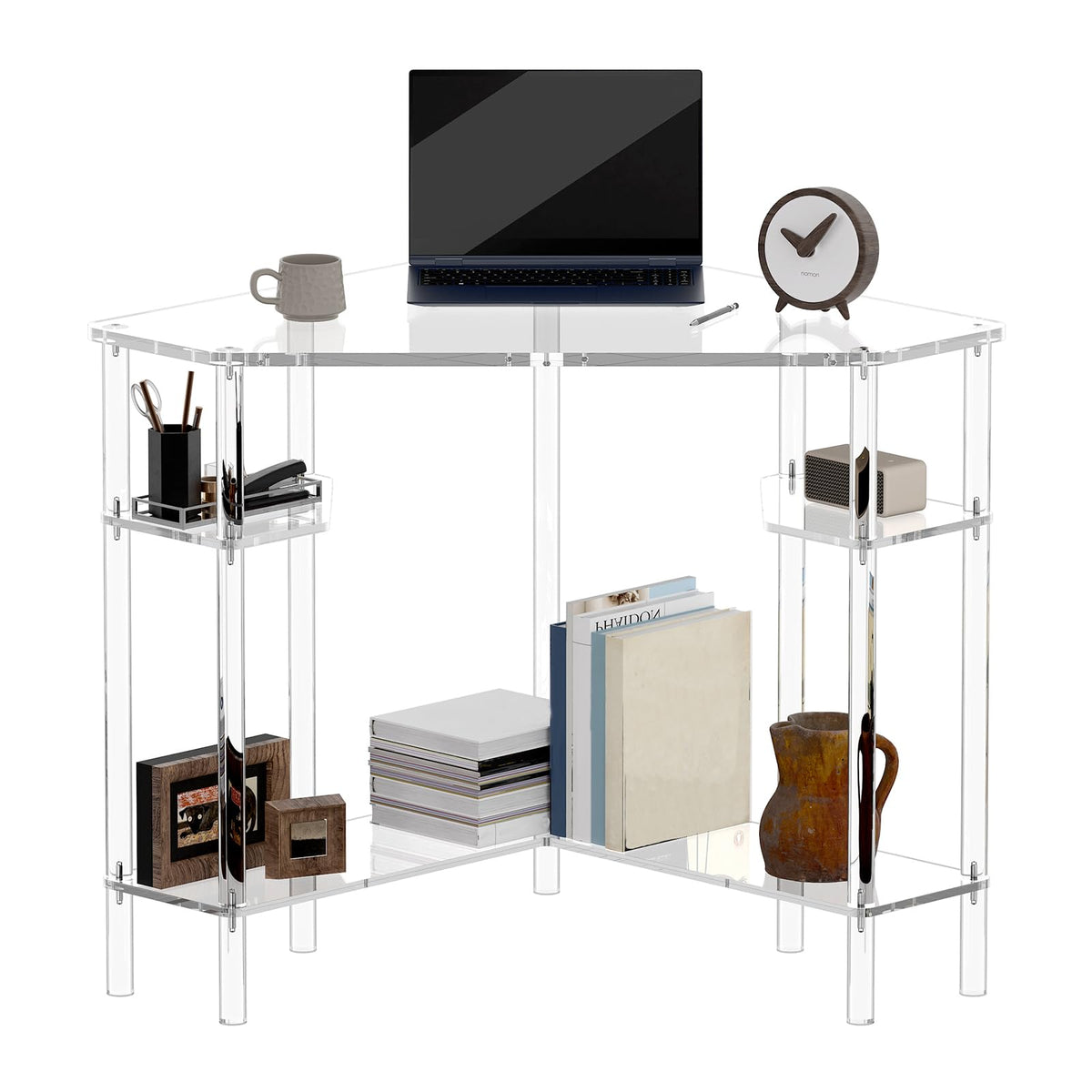 Eglaf Acrylic Triangle Corner Desk - 90-Degrees, 28.5 x 28.5 inches, Home Office Desk with Storage for Small Space, Easy Assembly