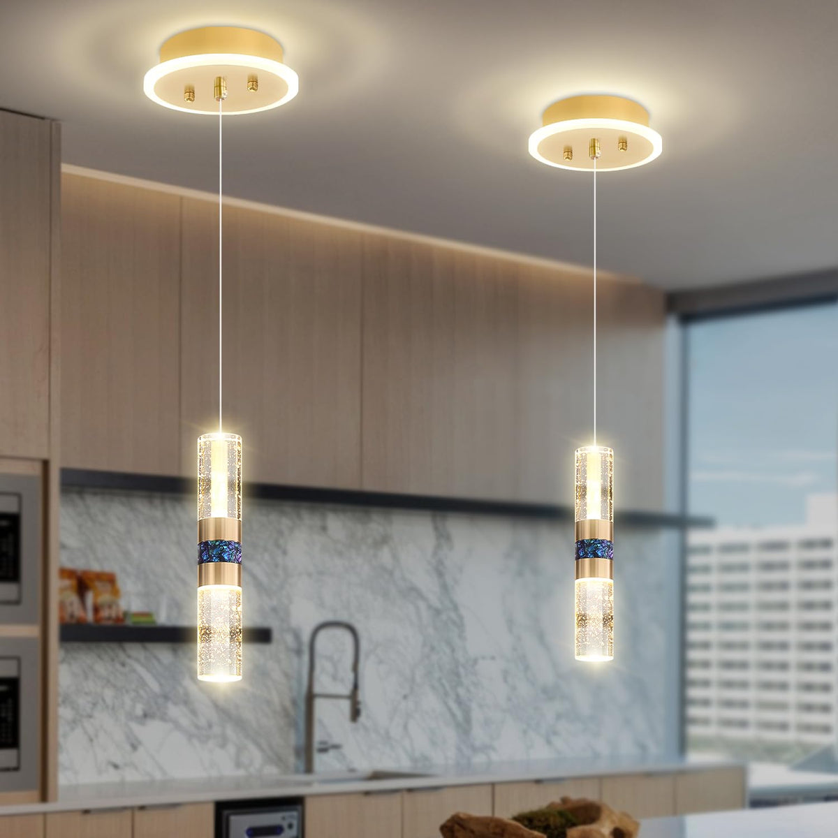 ykolupty 1-Light Pendant Lights Kitchen Island Modern Gold Crystal Chandeliers LED Dimmable Crystal Island Light Fixture Mini Pendant Light for Living Room Bedroom Dining Room Hallway