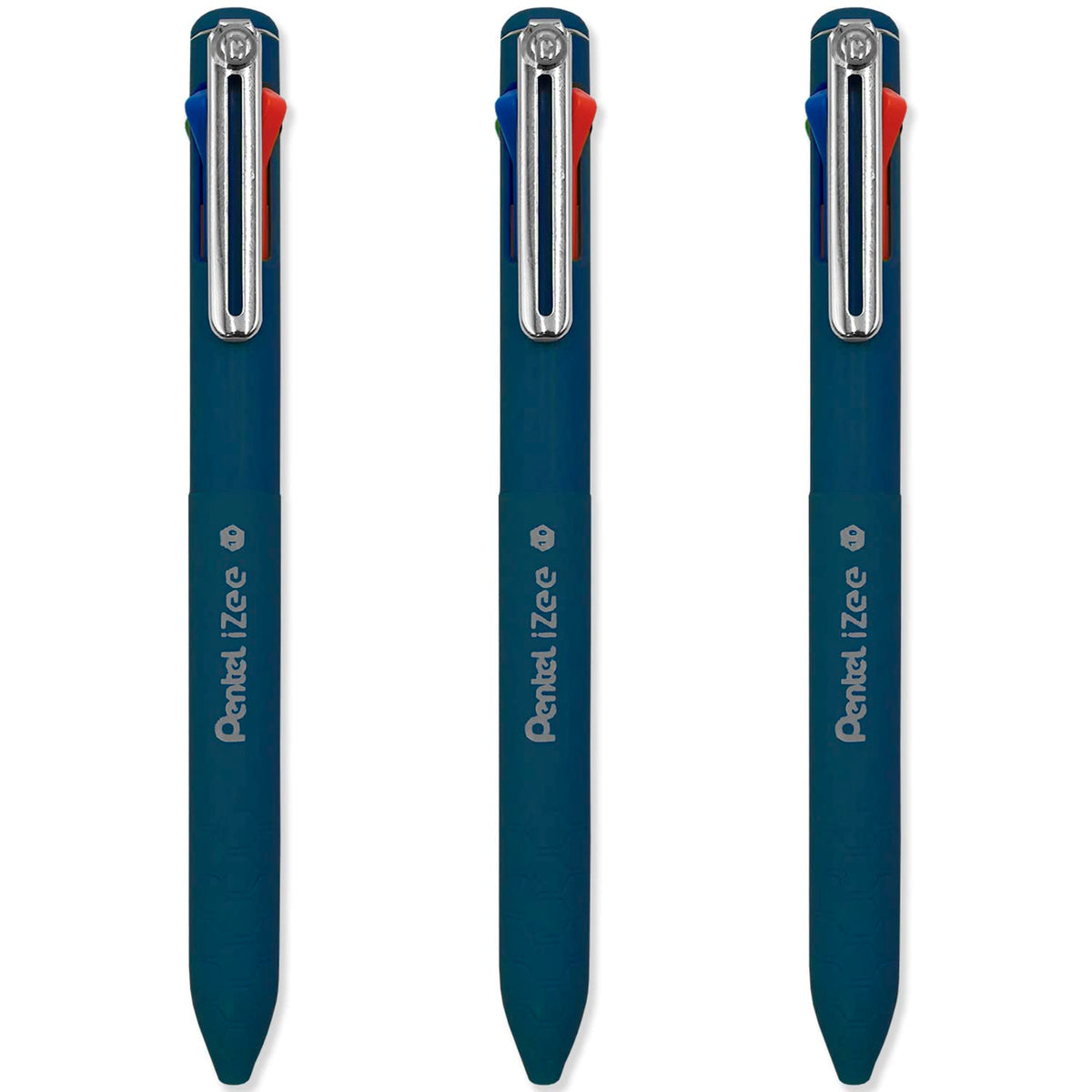 Pentel iZee 4 Colour Ballpoint Pen - Deep Blue Barrel - Multi Ink - Black, Blue, Red & Green Ink - Pack of 3
