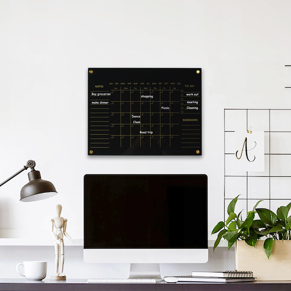 Black Acrylic Calendar Dry Erase for Wall, Family Planner, Monthly Calendar Dry Erase Whiteboard for Home, Office, 17" x 13"Reusable White Board(Acrylic-BK-3343)