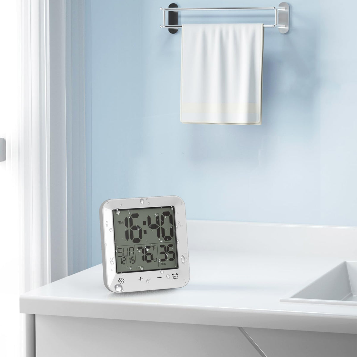 Wisoee Digital Shower Clock Waterproof, Bathroom Wall Clock Timer with Touch Screen, Temperature, LCD Display, Suction Cup Hanging Hole Stand for Kids and Adults