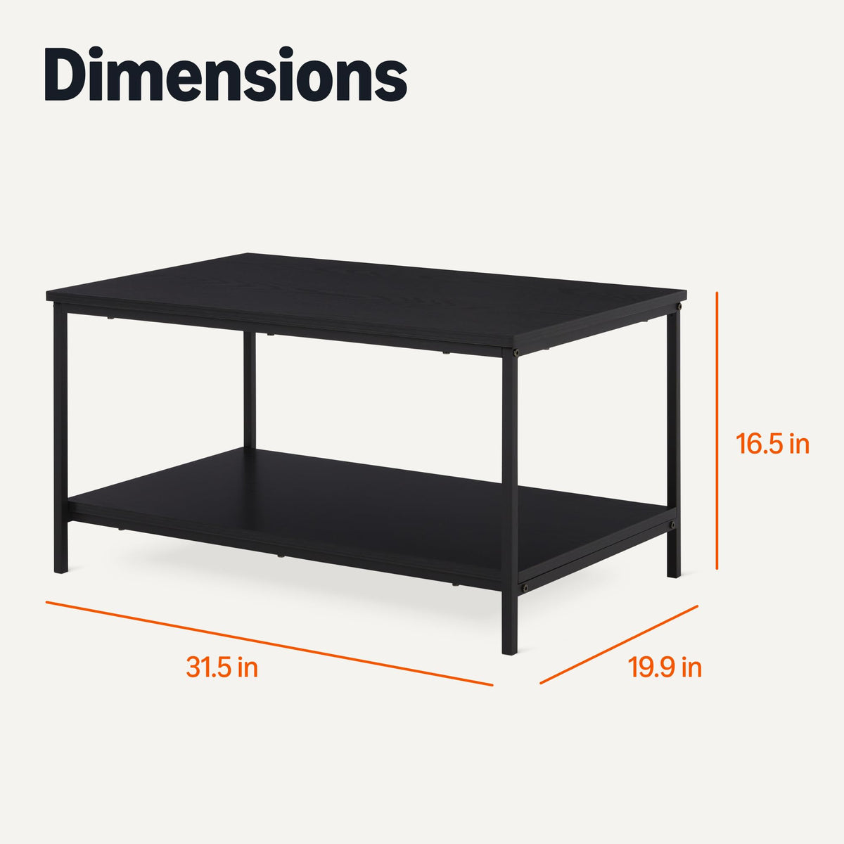 Amazon Basics Rectangular Coffee Table with Bottom Shelf, Living Room Centre Table, Easy to Assemble, 19.9" D x 31.5" W x 16.5" H, Black Woodgrain