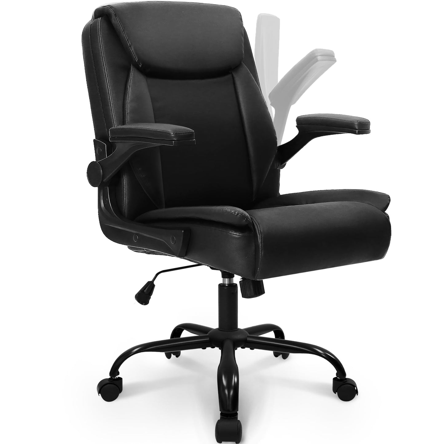 NEO CHAIR Desk Office Gaming Computer Chair Ergonomic Executive Mid-Back Leather with Adjustable Padded Flip-Up Armrests Cushion Wheels Swivel for Home Study Task (Black White)