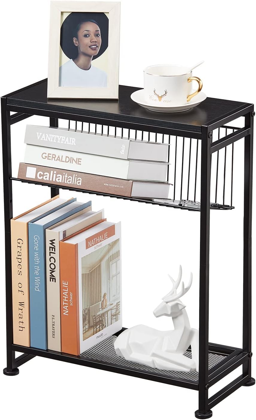 Dulcii Small Side Table for Small Spaces - Slim End Table with Magazine Holder - 2 in 1 Design Narrow End Table Living Room - Skinny Bedside Table Nightstand Bedroom Thin Side Table, Black