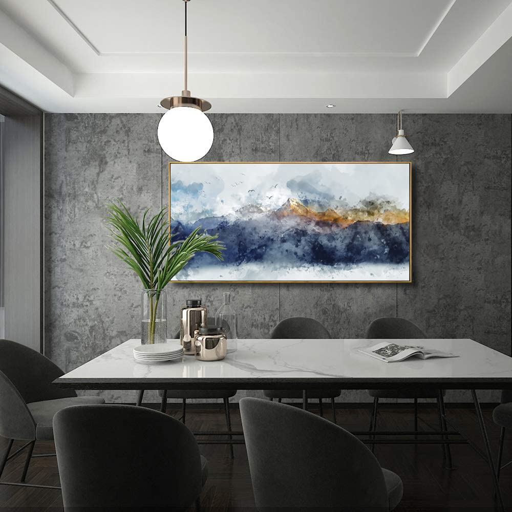 vgrozirh Framed Ready to Hang Wall Art Blue Clouds Yellow Mountain Peaks Indigo Ink Abstract Mountain Landscape Artwork Canvas Painting Prints for Living Room Bedroom Office Large Decor 24"x48"