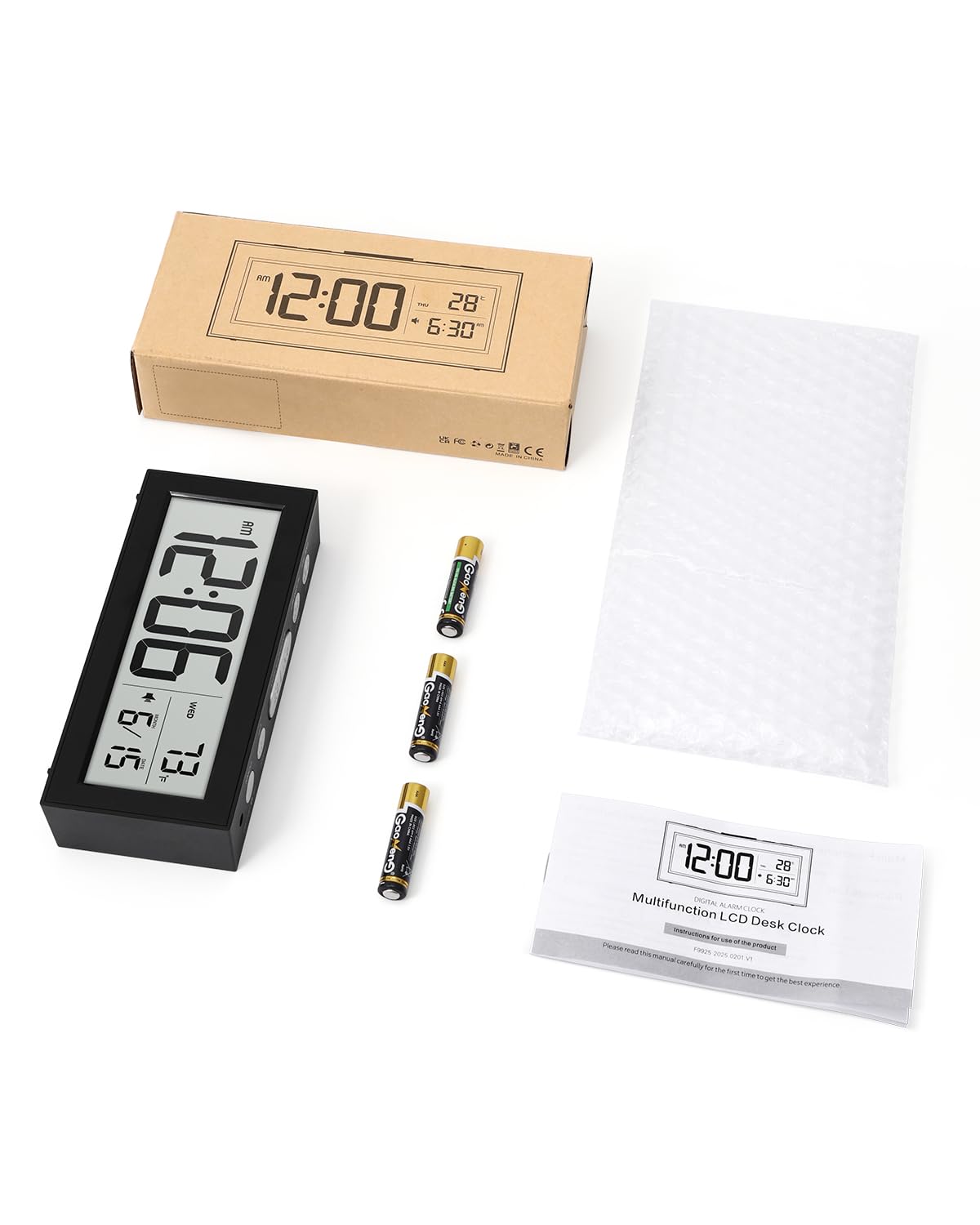 Bomivoi Battery Powered Digital Clock, LCD Digital Clock with Date & Temp Display, 5 Alarm Schedule, Snooze, 12/24 H, Auto Dimming, 5s Backlight, Small Alarm Clocks for Bedroom, Office, Travel