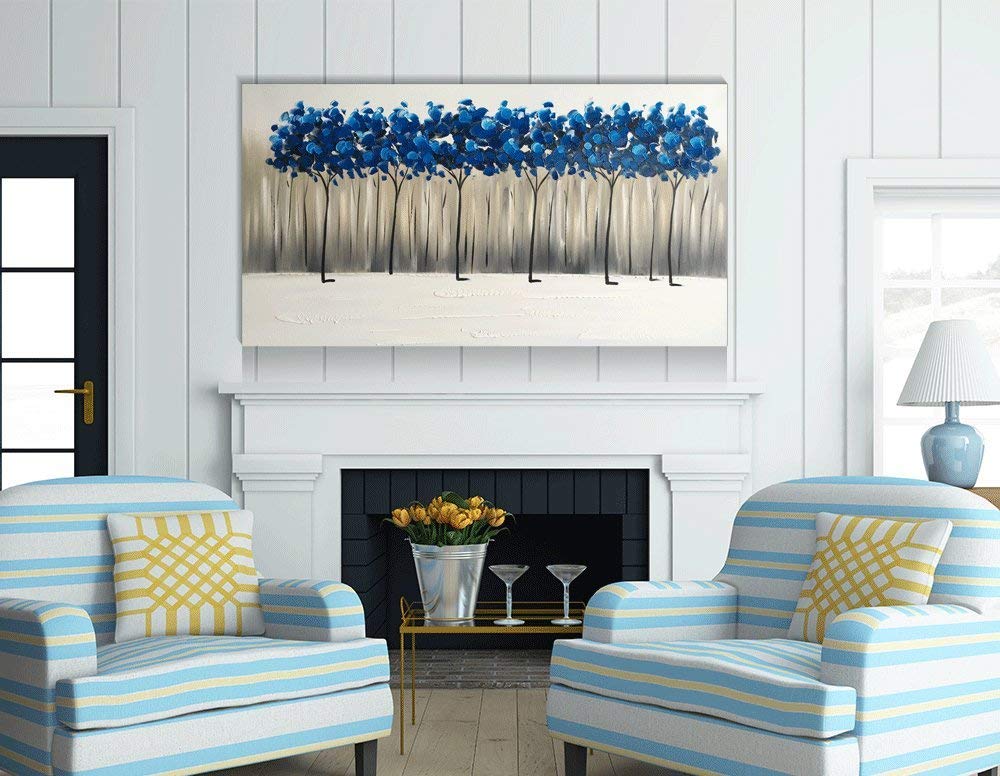 Yihui Arts Hand Painted Blue Tree Landscape Oil Painting on Canvas, Modern Abstract Wall Art for Living Room, Bedroom, Office Decor