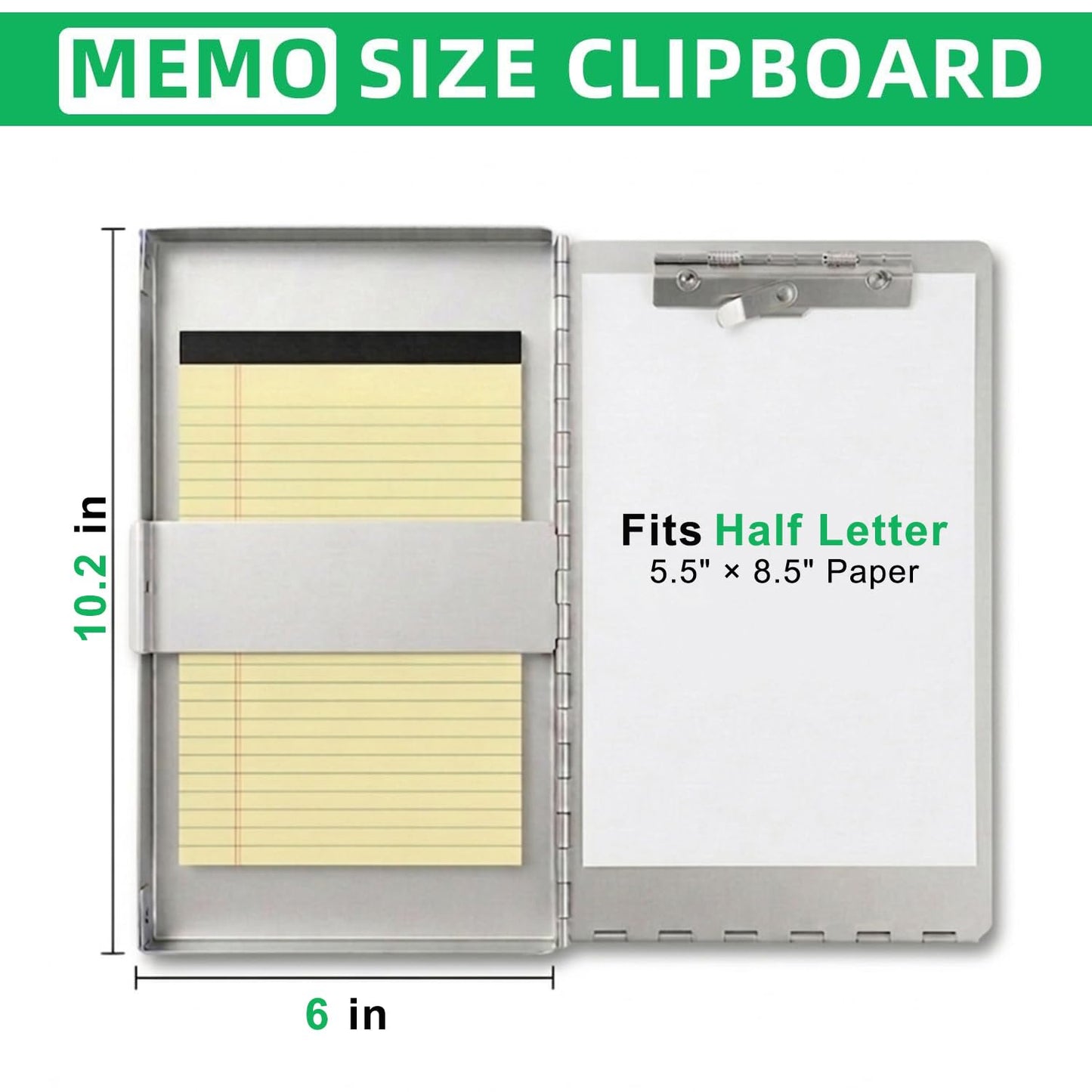 Small Aluminum Clipboard with Storage (Memo Size), 6 x 10.2 Inches, Recycled Metal Snapak Form Holder Binder with Inside Serrated Clip Posse Box, Perfect for Truck Driver, Fits Half Letter Size Paper