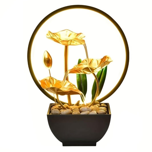 Huazzzyi Tabletop Fountain with Led Light, 11 in Gold Lotus Table Top Water Fountain Indoor USB Powered Zen Desk Waterfall Fountain with 1 Replacement Water Pump