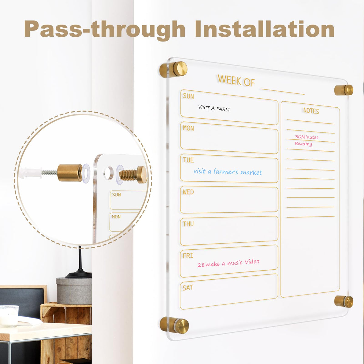 AMUSIGHT Small Acrylic Calendar for Wall, 12" X 14" Golden Clear Acrylic Wall Calendar, Clear Wet & Dry Erase Board Hanging Frameless Weekly Planner for Office, Home or School, 2 Markers