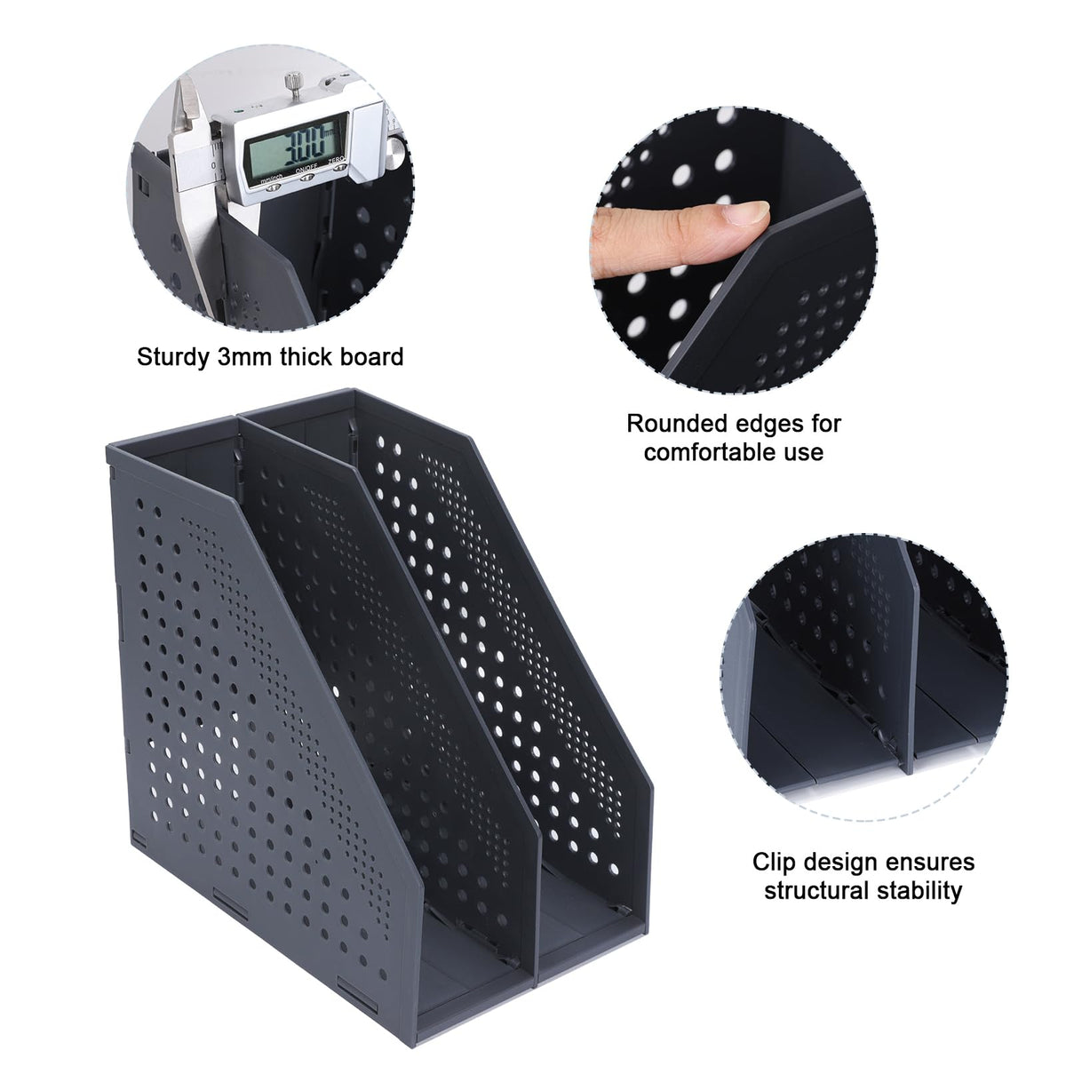 FRETONBA Collapsible Magazine File Holder with 2 Vertical Compartments Foldable Binder Holder for Desk Binder Storage Organizer Plastic Magazine Holders for Shelf, Dark Gray