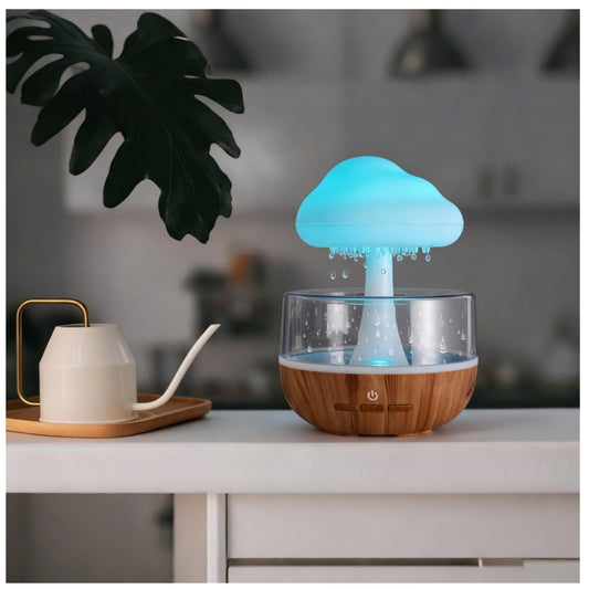 Weljoy Mushroom Cloud Rain Lamp, 7 Color Changing LED Tabletop Fountain with Water Drip Sounds, USB Rechargeable Desk Decor for Home, Office (Wood Grain Base)
