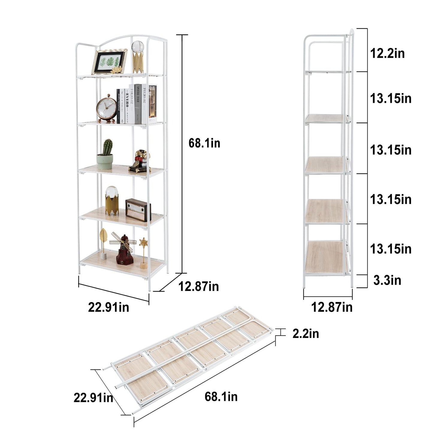 Crofy No Assembly Folding Bookshelf for Living Room, 5 Tier White Collapsible Book Shelf for Home Office, Portable Bookcase Storage Organizer