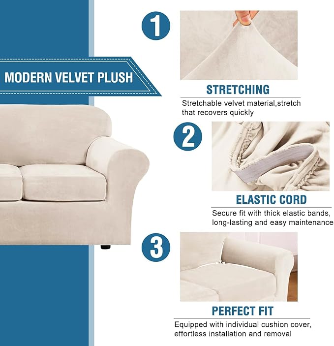 H.VERSAILTEX High Stretch Sofa Slipcover 4 Piece Cover Velvet Furniture