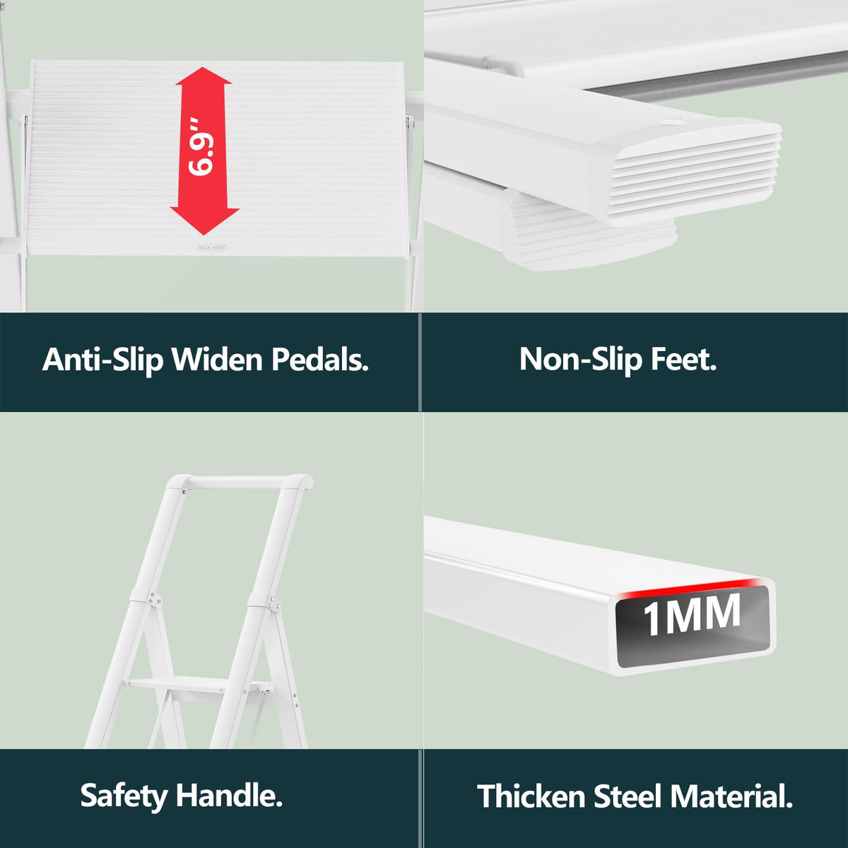 WOA WOA 4 Step Ladder, Ladders for Home, Anti-Slip Aluminum Pedals, Step Stool Foldable, Lightweight to Move, Ease of Storage, Reach 9ft for Closet Kitchen Library, Hold 300lbs - White