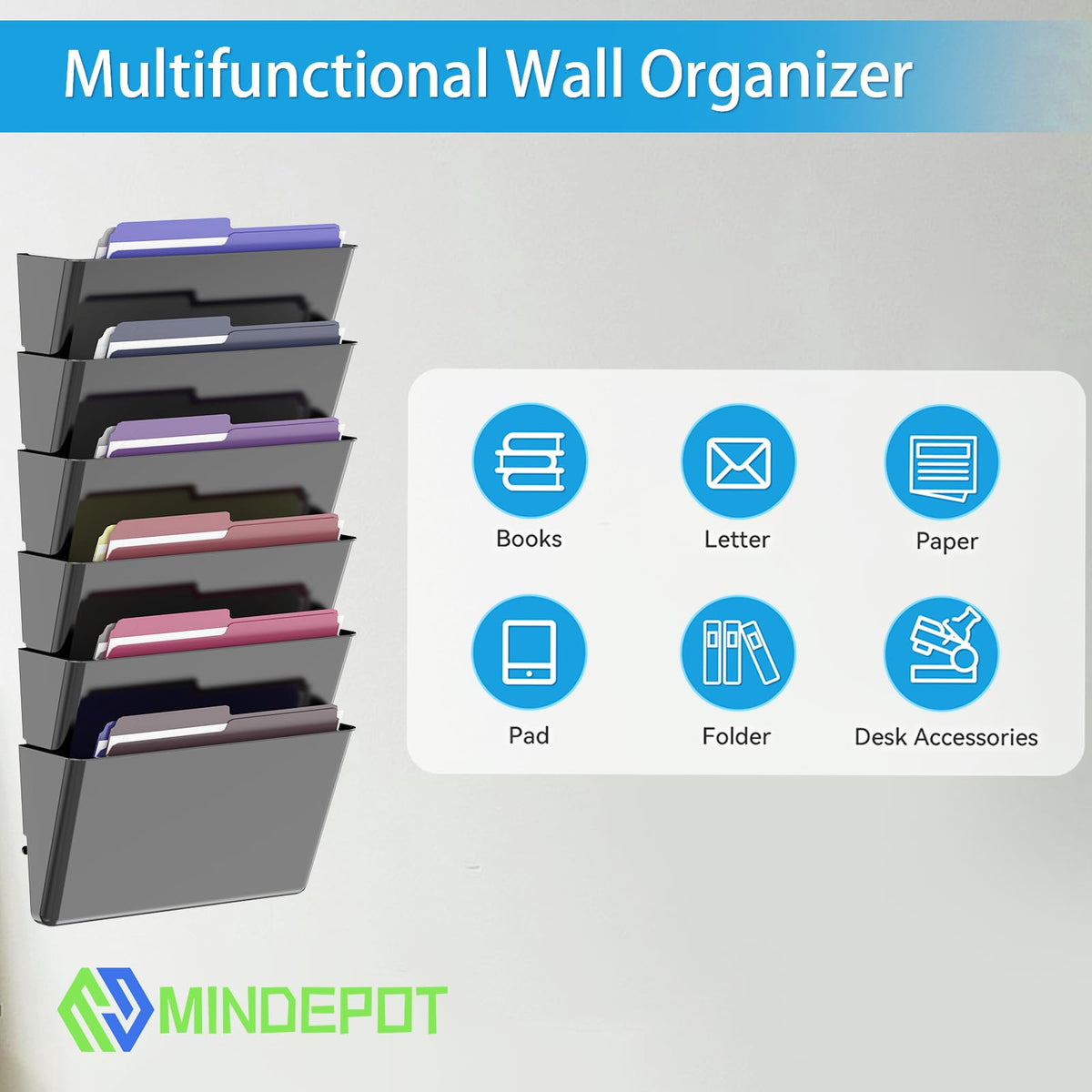 MINDEPOT 6 Pockets Acrylic Wall File Organizer, Clear Wall File Holder, Plastic Hanging Wall File Holder for Office, School and Home, Black