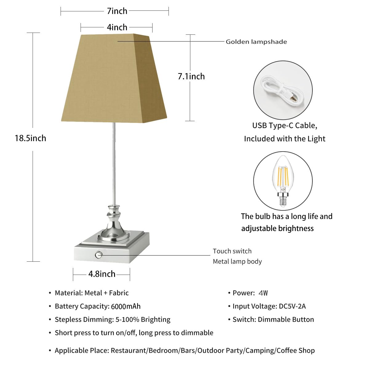Rechargeable LED Table Lamps with Stepless Touch Control,Light Sliver Cordless Lamp for Living Room&Bedside&Patio&Shower,Small Desk Lamp(6000mAH Battery),1 Pack for Home Decor,Best Gifts for Family