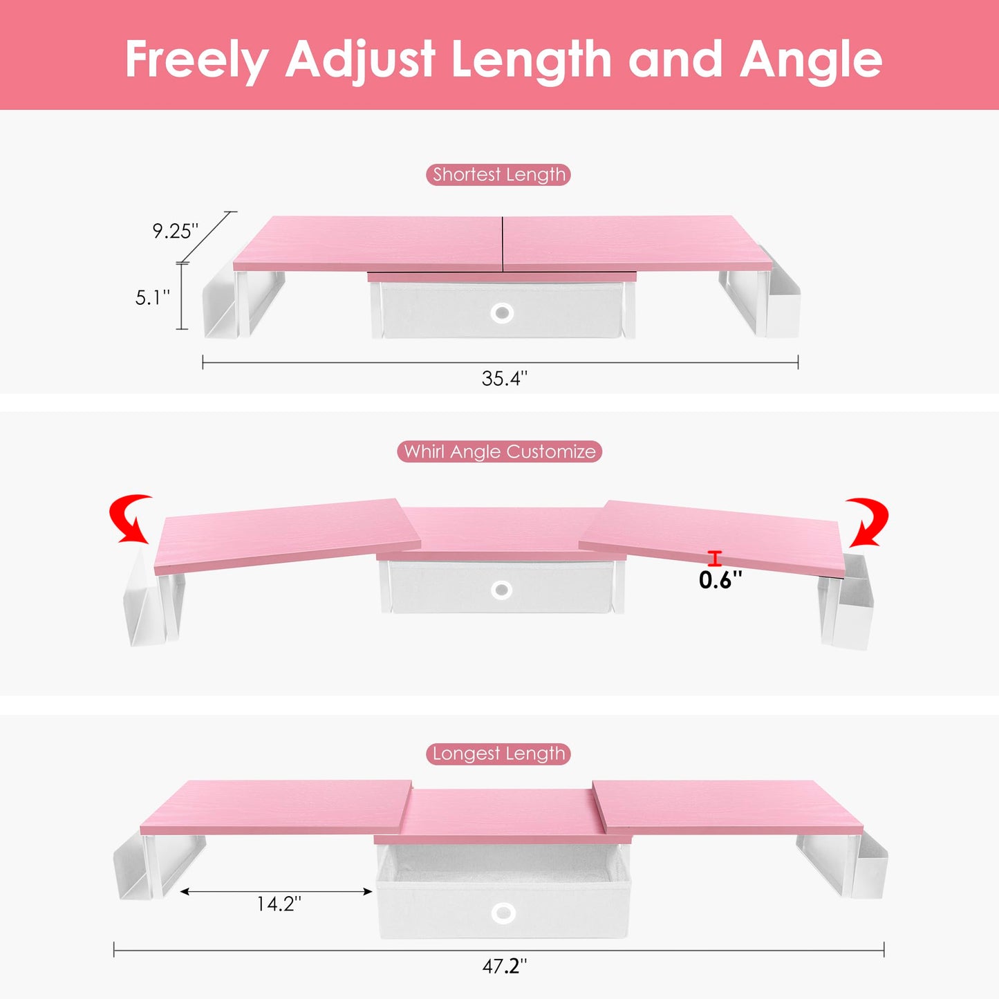 Dual Monitor Stand Riser With Drawer & Metal Leg, Large Desk Shelf For 2 Monitors w/ Adjustable Length & Angle, Desktop Organizer For Laptop/TV/Printer