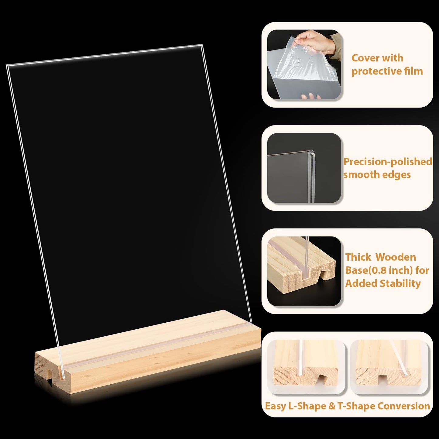 xydstay 6pack 8.5x11 Acrylic Sign Holder with Wood Base for Picture Frames,L/T Shape Double Slot Design for Vertical or Slant Back Display, for Restaurant, Office, School, Store and Home Use