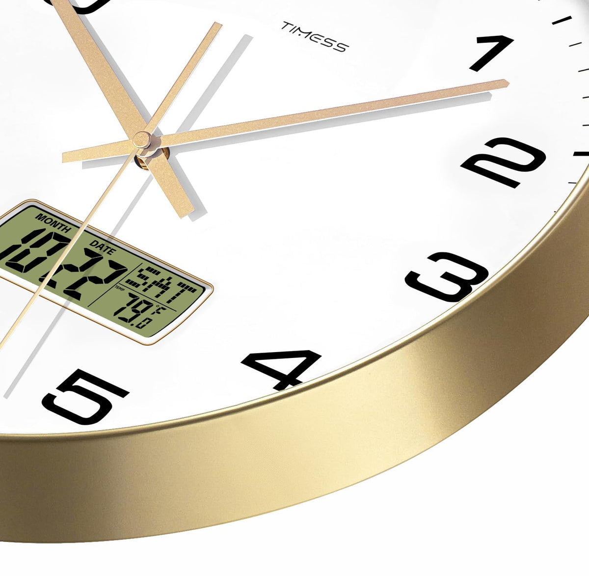 TIMESS Wall Clock, 12" Dial Non-Ticking Silent Battery Operated Analog with LCD Display for Perpetual Calendar and F° Temperature, Ideal Modern Home, Bedroom, Kitchen, Office Decor (Gold)