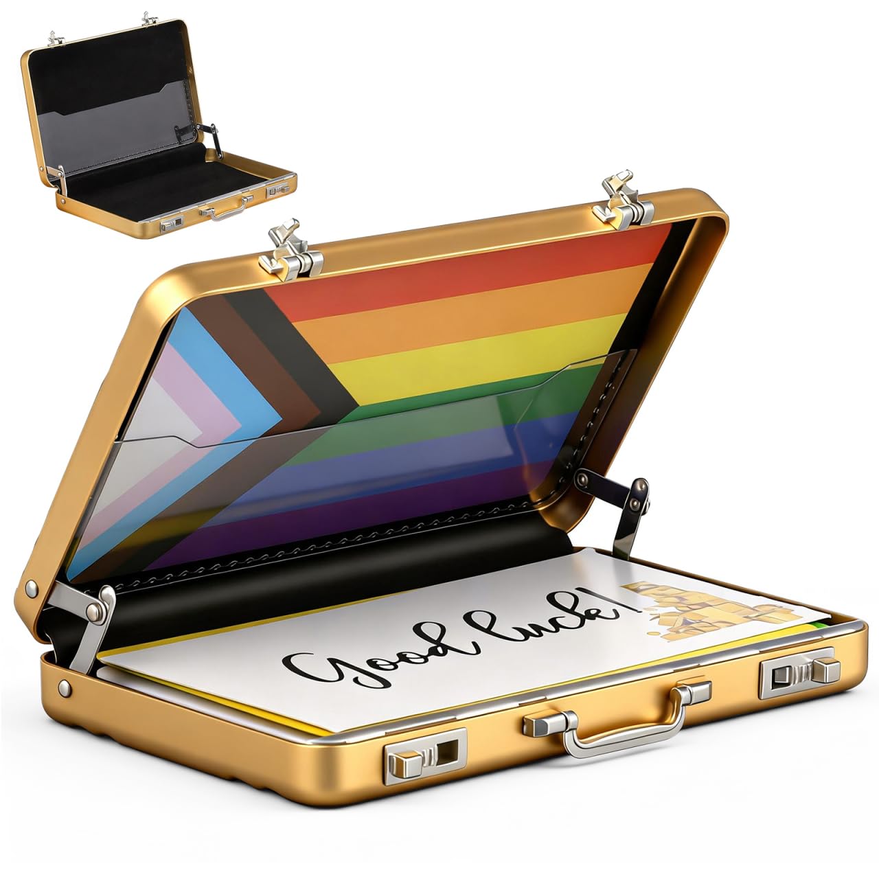 Mini Briefcase Metal Business Card Holder Case - Aluminum Postcard Box Portable, Gold Small Briefcases Gift with Waterproof Pocket Credit Holder for Professional Women Men's Cards & ID Organizer