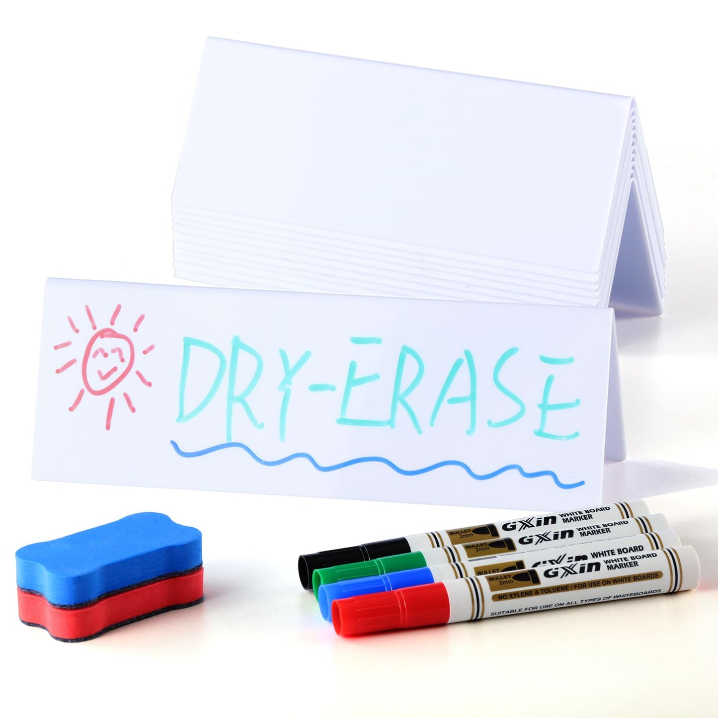 12 Pcs Dry Erase Name Tent Cards for Table, Reusable Name Cards 8.75" x 3" Desk Name Tents Sets with Dry Erase Markers and Erasers, Facilitate Effective Organization of Meetings and Classes