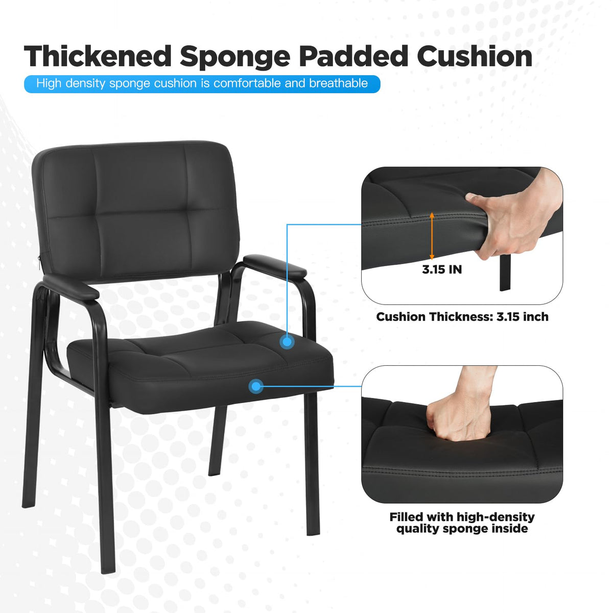FDW Office Guest Chair Reception Chair Waiting Room Chairs with Padded Armrest PU Leather for Home Office Reception Meeting Room Chair Lobby No Wheels, Black