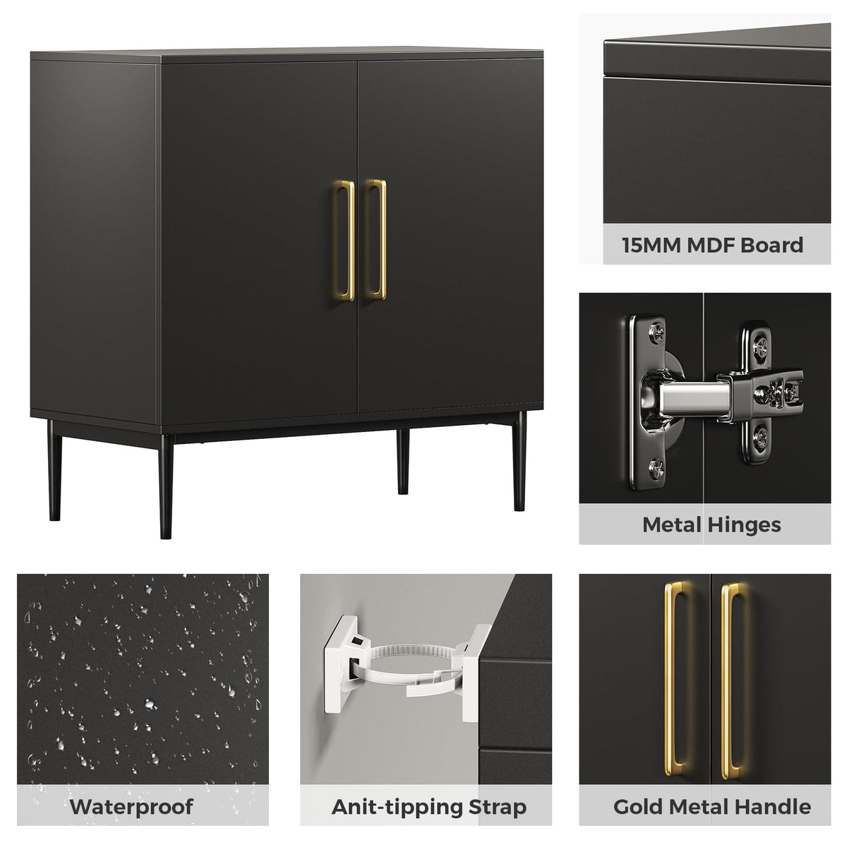 REHOOPEX Storage Cabinet with Doors, Modern Black Accent Cabinet, Free Standing Cabinet, Wooden Buffet Sideboards for Living Room, Kitchen,Home Office