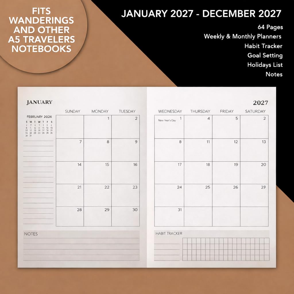 Wanderings A5 Traveler's Notebook Calendar Refill Inserts - 5.8''x 8.4'' (14.2cm x 21 cm) - January 2027 - December 2027 - A5 Calendar Planner Refills For Leather Travel Journals, Diaries and Planners