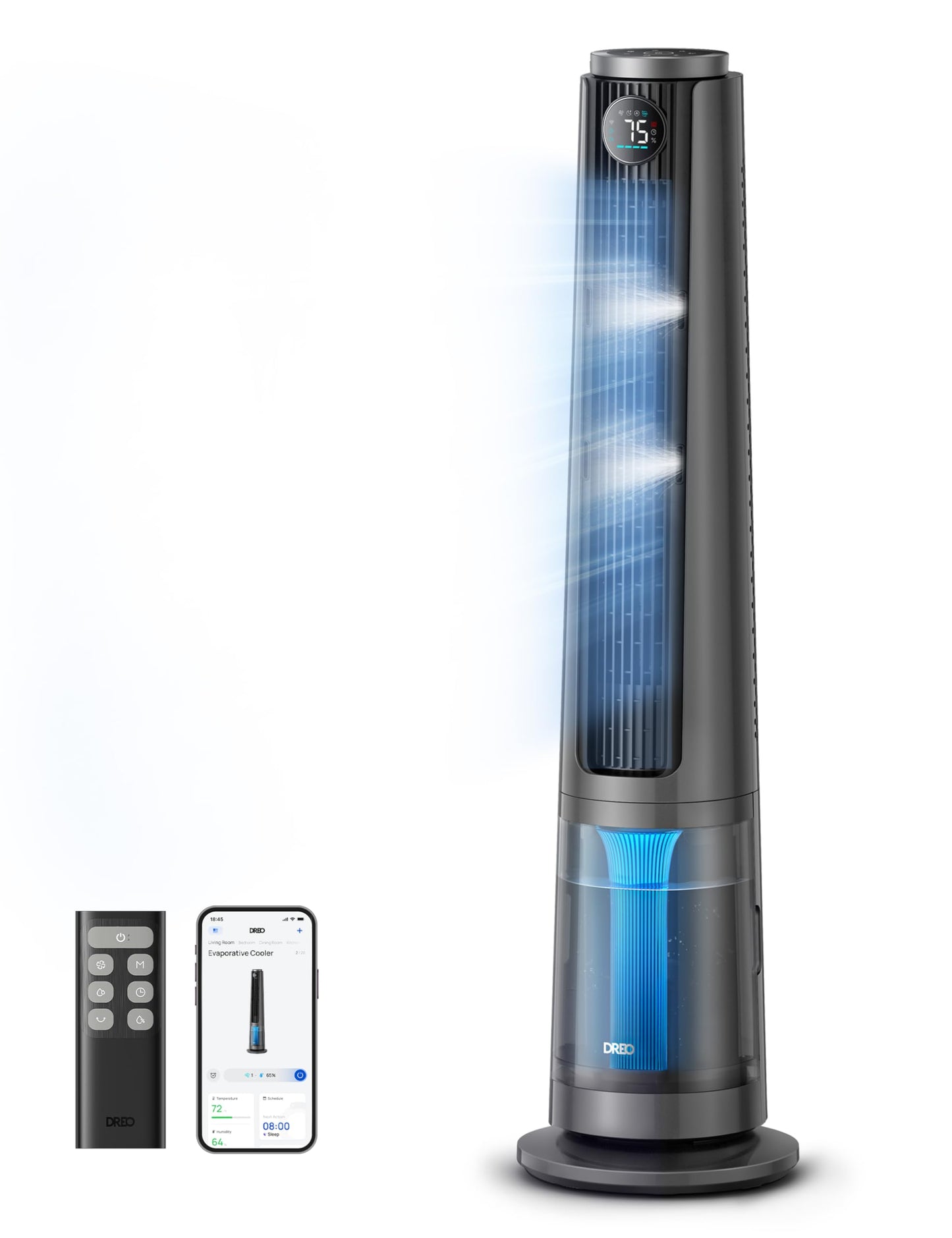DREO TurboCool Misting Fan 765S, Fans that Blow Cold Air, 10°F Cooling, 34ft/s Fast Evaporative Air Cooler, 6L Tank, 20 dB Quiet DC Motor, 90° Tower Fan with 12 Speeds, 4 Modes for Home, Grey