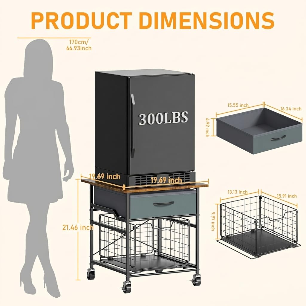 GloCryp Mini Fridge Stand, Heavy-Duty End Table Fridge Table with Storage, Small Refrigerator Stand with Rolling Wheels for Dorm, Kitchen,Pantry