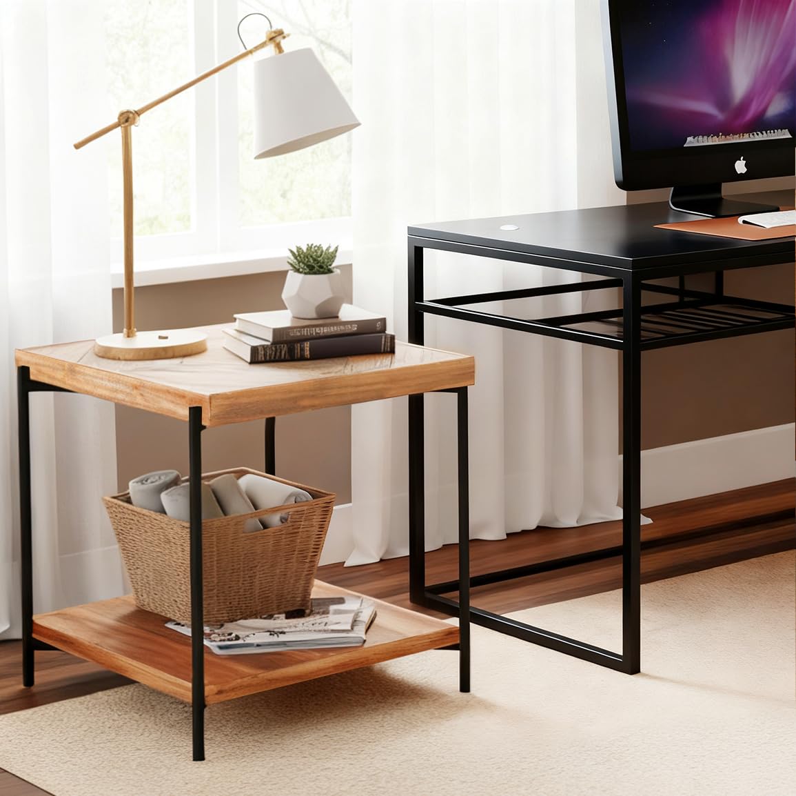 CONSDAN StoneCreek End Table 23 inch, Solid Fir Wood Side Table with Metal Frame, 2-Tier Storage Shelf, Square Nightstand for Living Room, Bedroom & Office, Rustic Style