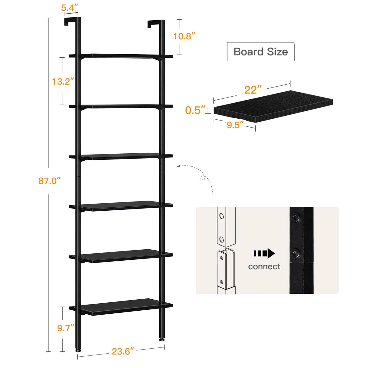 ODK 6-Tier Ladder Shelf, Book Shelf with Metal Frame, Bookcase for Living Room, Home Office, Kitchen & Bedroom, Space Saving Freestanding Organizer Rack, Black (10" D x 24" W x 87" H)