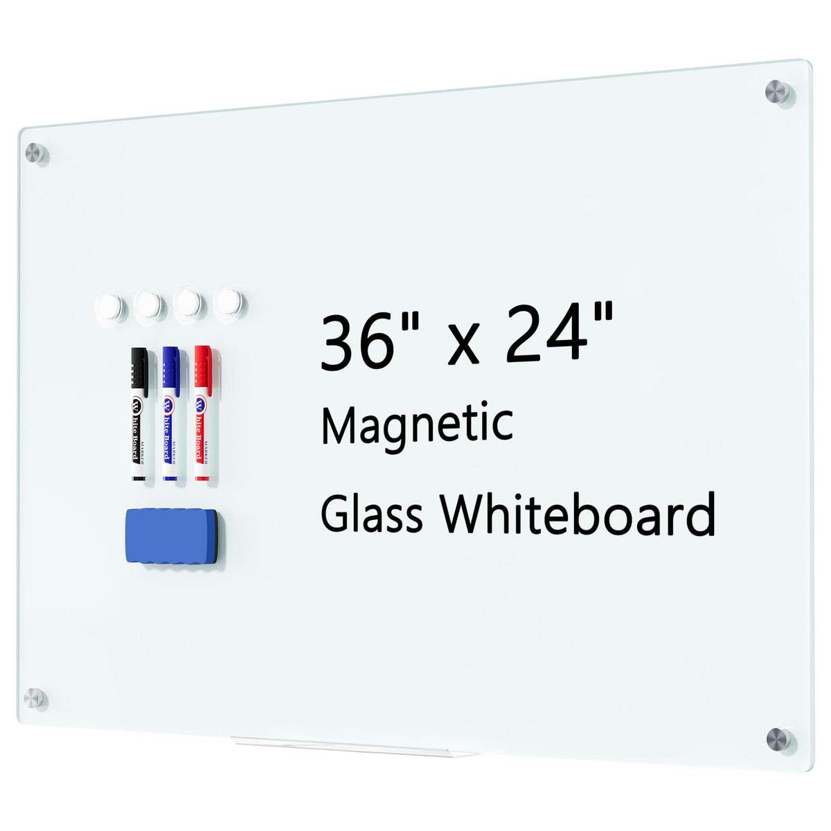 Magnetic Glass Whiteboard for Wall, 36" x 24" Large Dry Erase Board, Frameless Wall-Mounted White Board School, Classroom, Office & Home