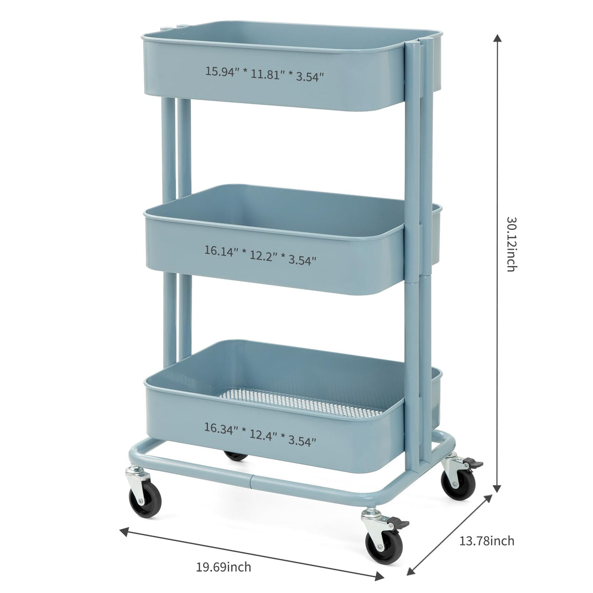 CARTTECH 3 Tier Rolling Cart Metal Heavy Duty Utility Cart with Silent Caster Lockable Wheels Multi-Functional Organization Carts Storage Trolley with Mesh Shelves for Office Kitchen Living Room Blue