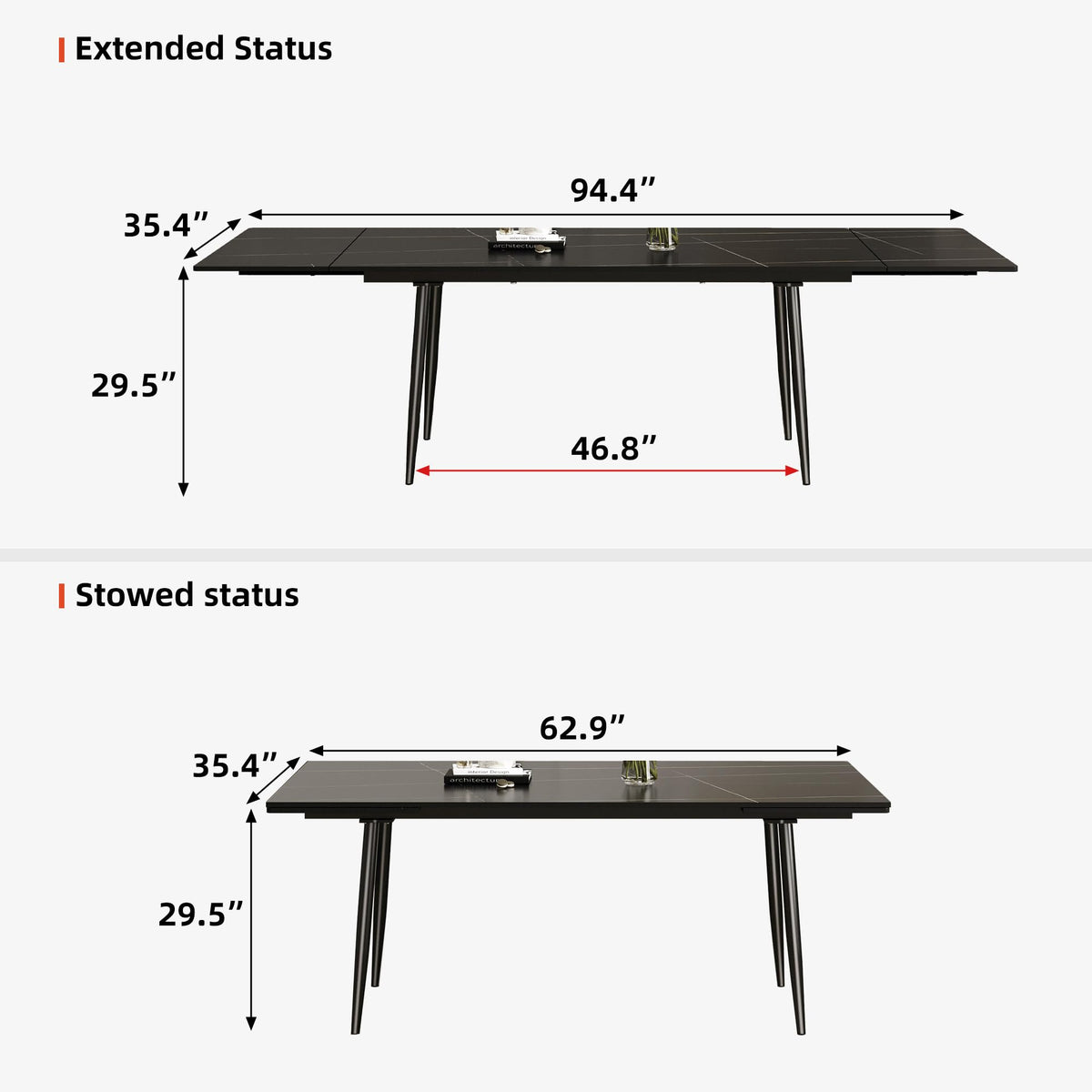 gaoyangjiaju 62.9"-94.4" Modern Extendable Dining Table for 6 to 10 Seats, Rectangular Sintered Stone Table with High Hardness and Easy Maintenance for Dining Room Family Gathering, Black Top